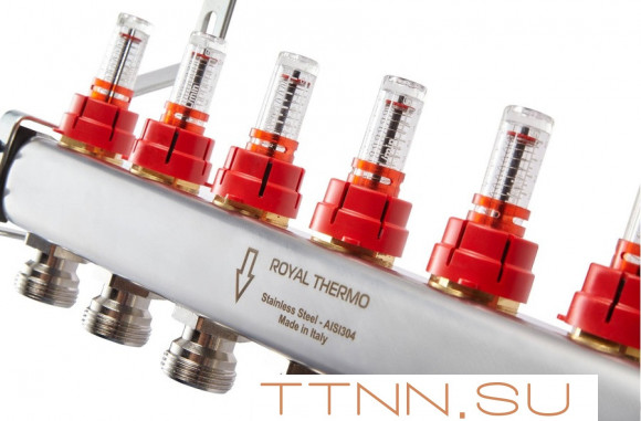 Для отопления Royal Thermo 1" ВР-3/4" НР, 2 выхода с расходомерами, нерж. (RTE 52.102) Для отопления Royal Thermo 1" ВР-3/4" НР, 2 выхода с расходомерами, нерж. (RTE 52.102)