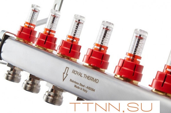 Для отопления Royal Thermo 1" ВР-3/4" НР, 6 выходов с расходомерами, нерж. (RTE 52.106) Для отопления Royal Thermo 1" ВР-3/4" НР, 6 выходов с расходомерами, нерж. (RTE 52.106)