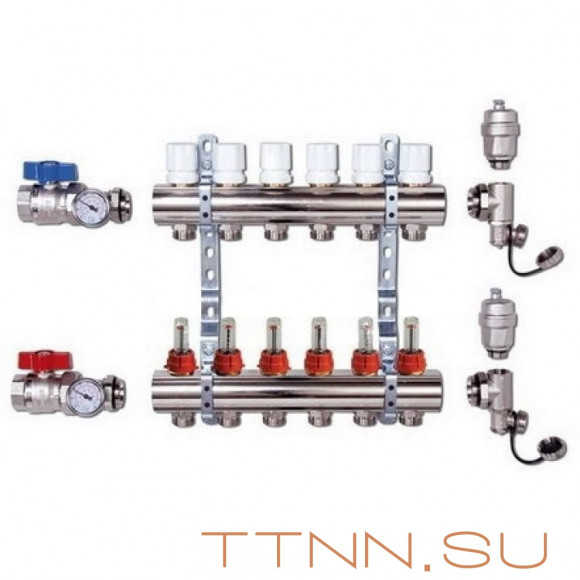 Коллекторная группа TIM 6 выходов KA006 с кранами и расходомерами латунь