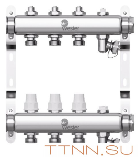 Коллектор нерж. для отопления Wester 1"-3/4 в сборе на 3 выхода с 2 заглушками