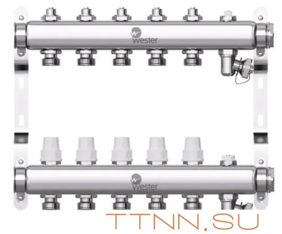 Коллектор нерж. для отопления Wester 1"-3/4 в сборе на 5 выходов с 2 заглушками