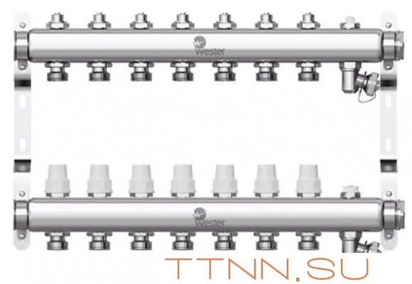 Коллектор нерж. для отопления Wester 1"-3/4 в сборе на 7 выходов с 2 заглушками