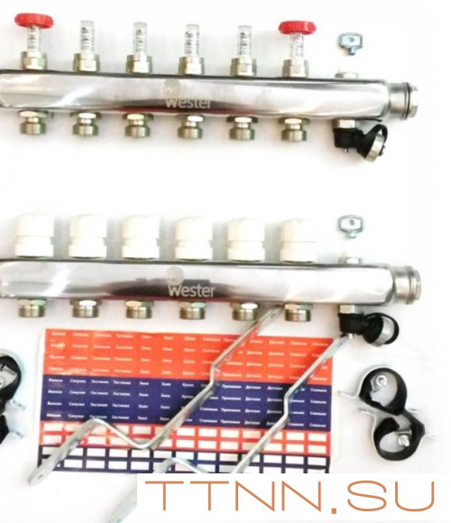 Коллектор для теплого пола Wester 1"-3/4 в сборе с расходомерами на 8 выходов Коллектор для теплого пола Wester 1"-3/4 в сборе с расходомерами на 8 выходов